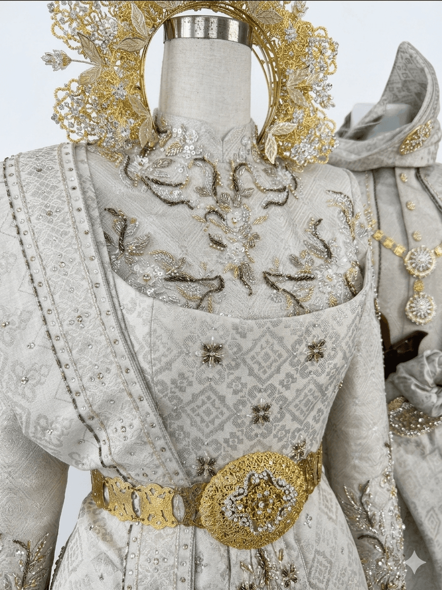 Close up shot of fine tambour embroidery on a bridal gown wedding dress